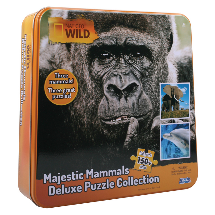 Пазл "3 в одном" (величественные млекопитающие: слон, горилла и дельфин) в жестяной коробке. 