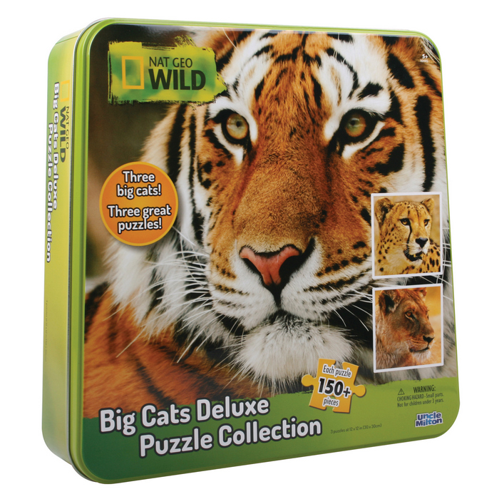 Пазл "3 в одном" (большие и роскошные дикие кошки: гепард, тигр и лев) в жестяной коробке. 